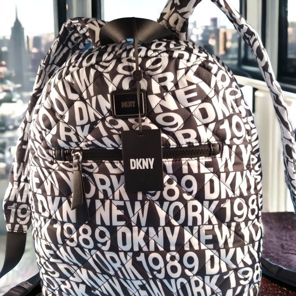 NWT DKNY Womens LYLA Quilted Black White Softshell Zip BACKPACK Adjustable Gift main image 5